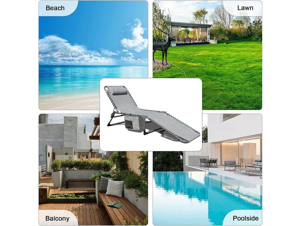 Foldable Patio Chaise Lounge Chair for Outdoor with Detachable Pocket and Pillow, Portable Adjustable Sun Lounger Recliner for Beach, Camping and Pool Style Your Walls